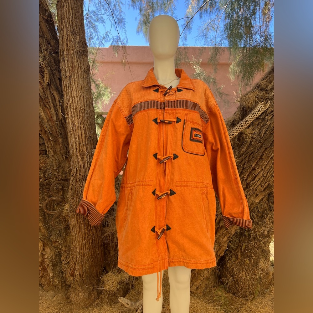 Major Damage Patchwork Drawstring Denim Coat, Mens XXL - Orange/Blk, 90s Vintage